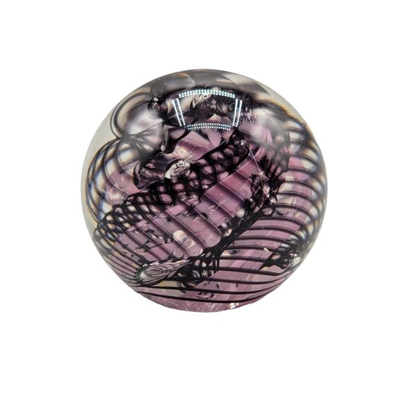 Handcrafted Blown Glass Paperweight Purple Black Swirl Round Artist Signed - Picture 2 of 7